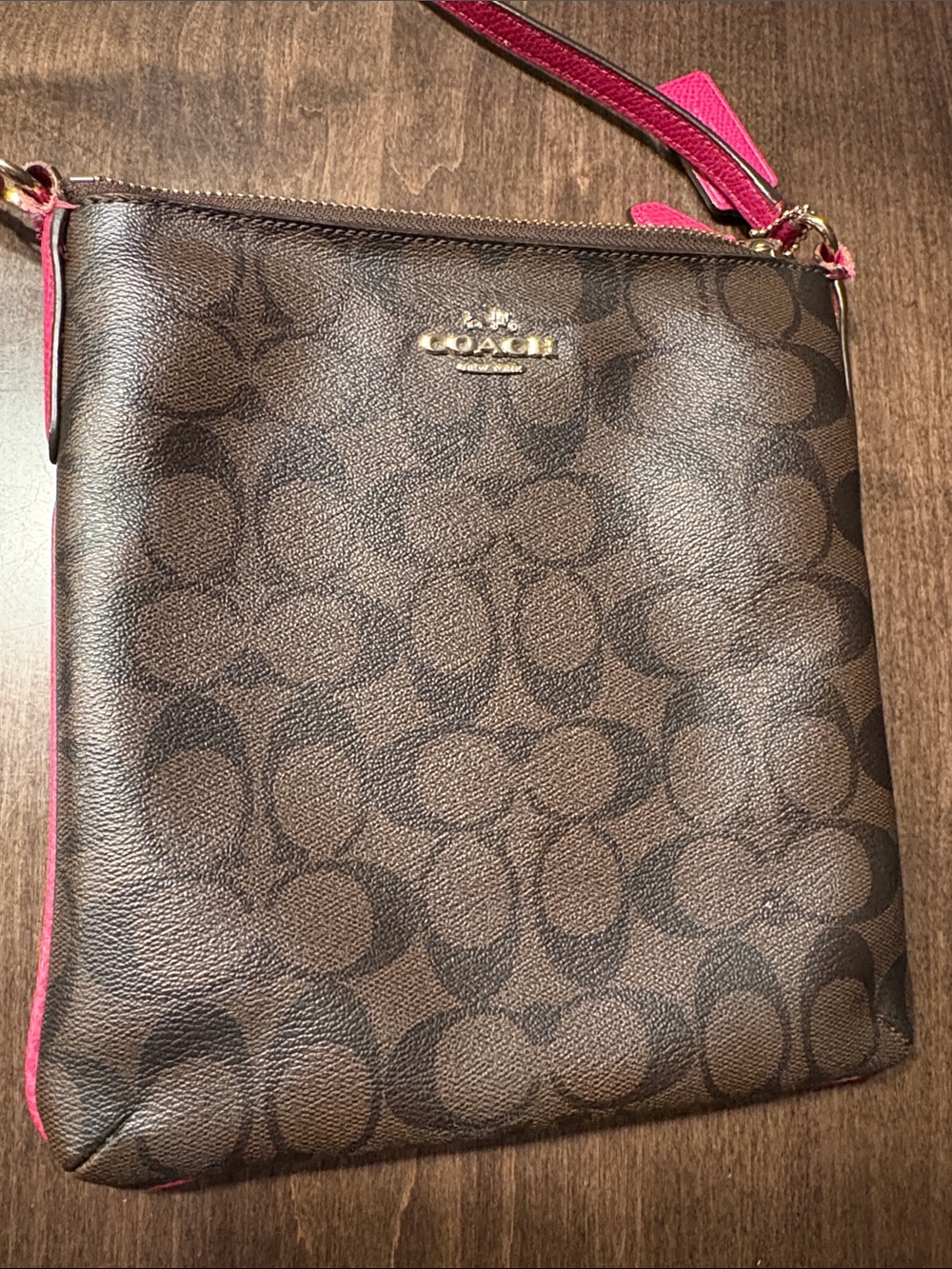 Coach Brown Signature Crossbody with Pink Trim